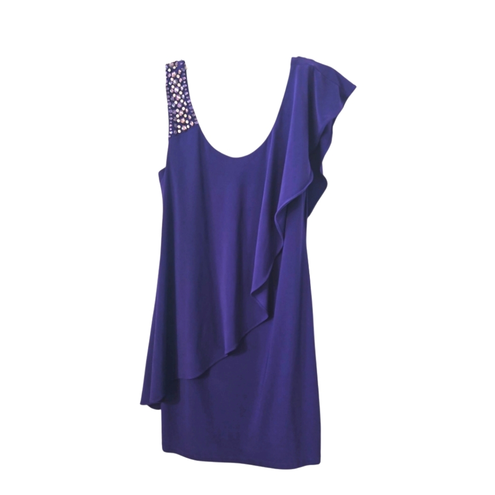 Betsy & Adam Purple Embellished Shoulder Cascading Ruffle Cocktail Dress;Sz 8